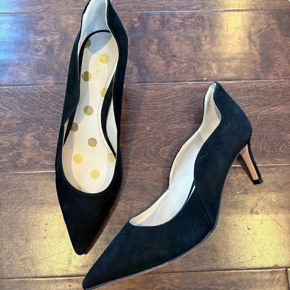 Boden black suede scalloped metallic gold heels